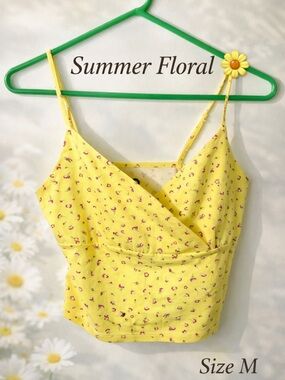 SO Yellow Floral Wrap Crop Tank Top Size M Summer Cottagecore